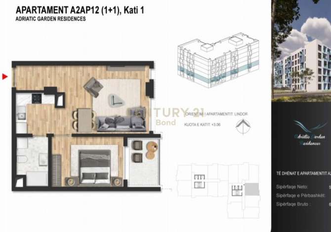  Apartament 1+1 për shitje ne Kompleksin "Adriatic Garden", Pishat e B